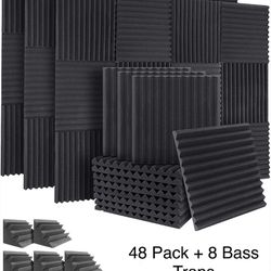 48 Pack Acoustic Panels Plus 8 Pack Bass Traps Corner For Soundproof Studio 12”x12”x1”   +  TAPE 
