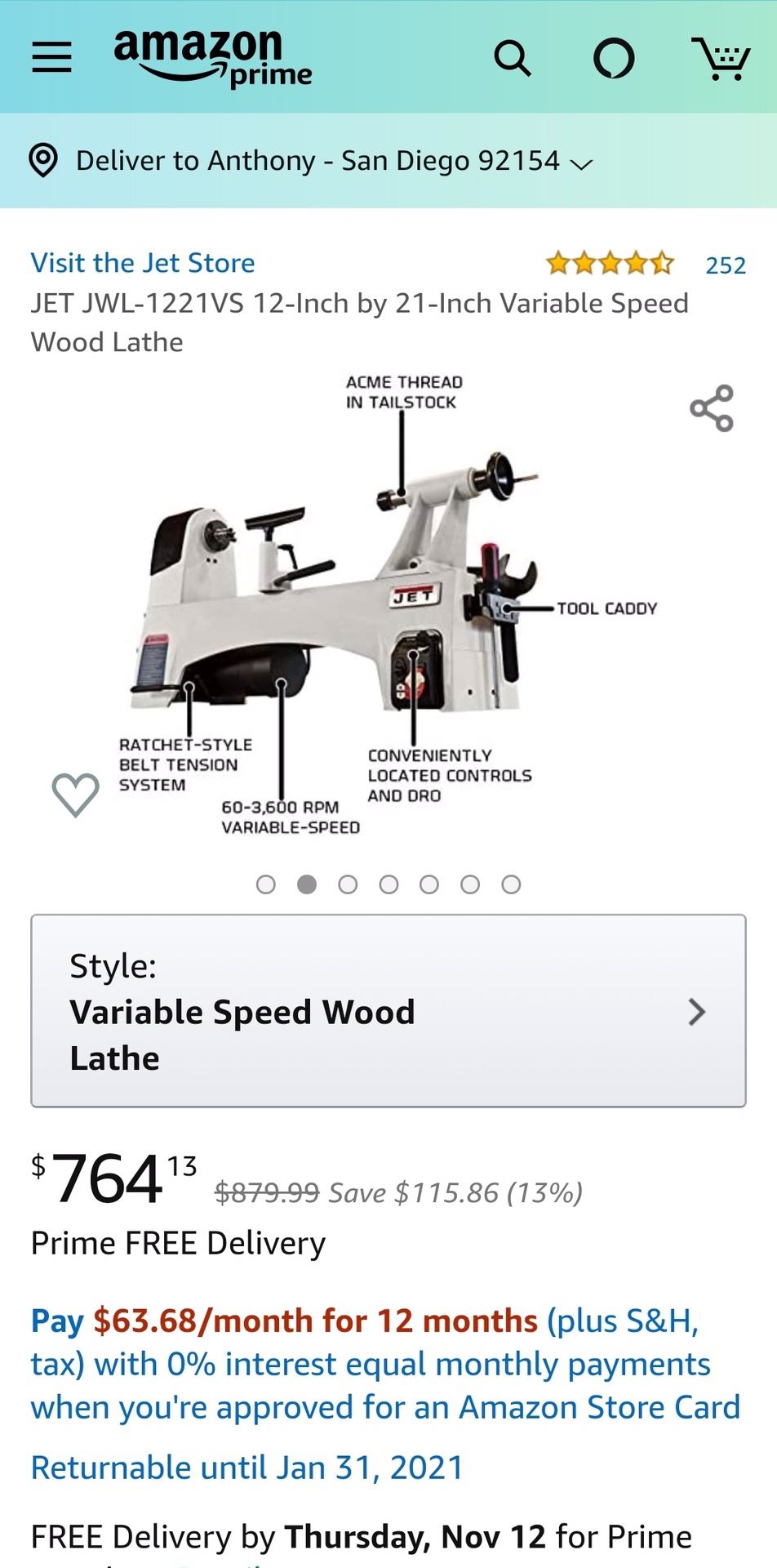 Jet 12x21 Variable Speed Wood Lathe