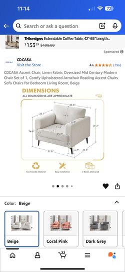Accent Chair, Linen Fabric Oversized Mid Century Modern