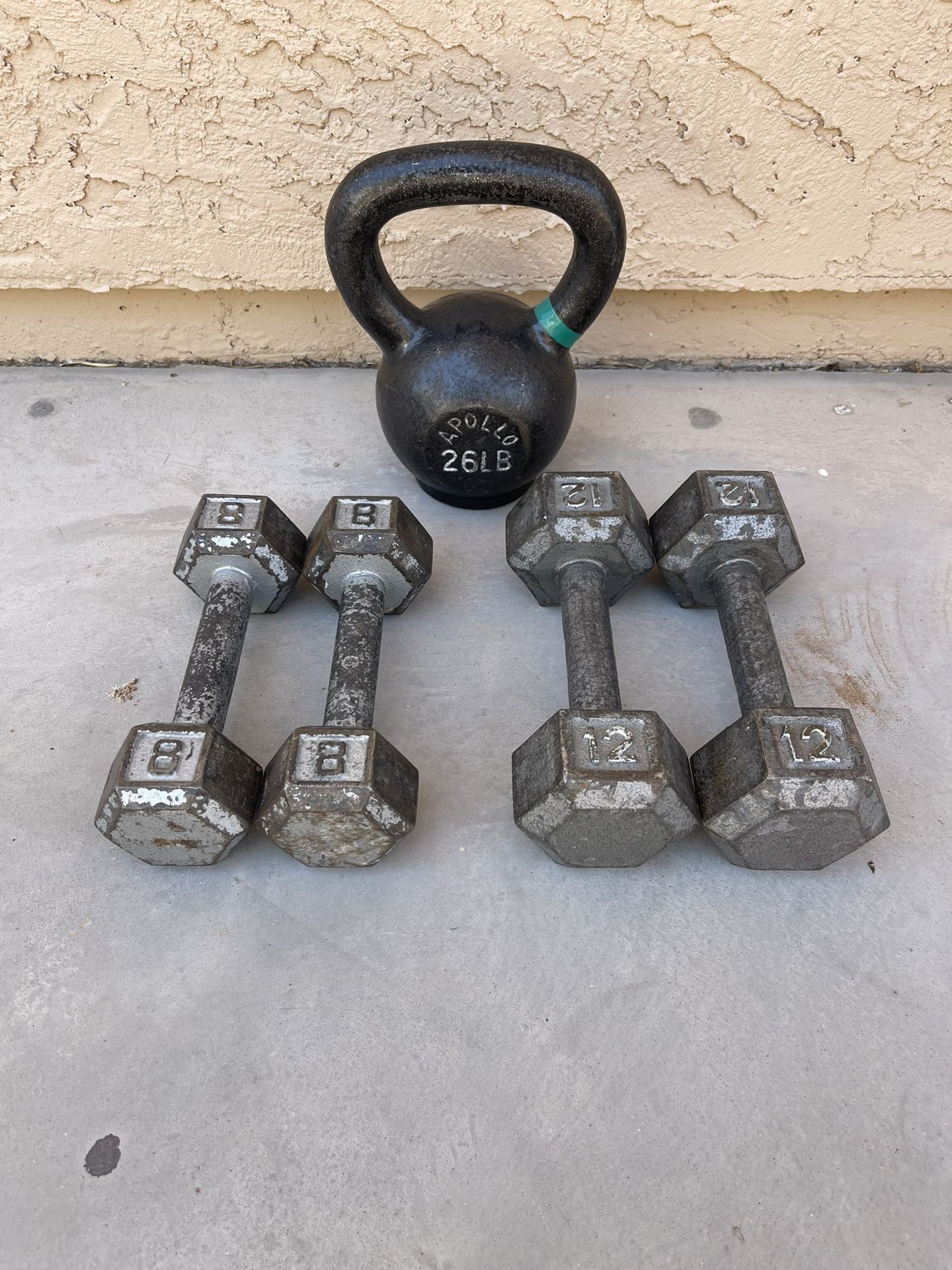 Steel Dumbbells - 8 Lb and 12 Lb Set - Also Apollo 26 Lb Kettlebell