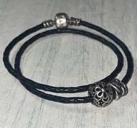 Pandora Moments Double Wrap Black Braided Leather Bracelet With Two Retired Pandora Charms