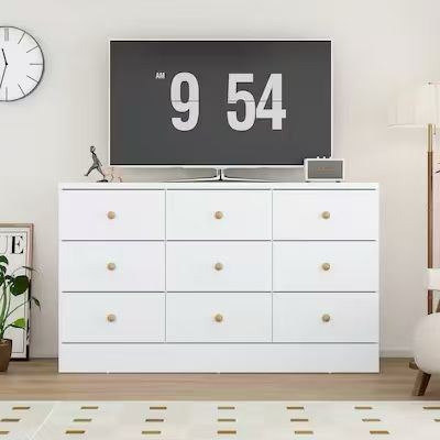 White 9 Drawer Dresser for Bedroom, 47.2“L Wooden Double Dresser $130