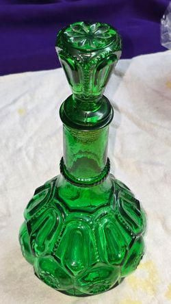 LE SMITH GREEN MOON and STAR Pattern Glass 12.5" Decanter Genie Bottle Stopper A67V011