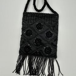 Sasha Of New York, Black Beaded Satin Purse With Bead Handle And Bead Fringe