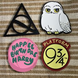Brand New Harry Potter 4pcs Coaster Set Hedwig owl Birthday Cake & Deathly Hallows Pattern. Heat insulation Great Christmas present/Gift for Harry Pot