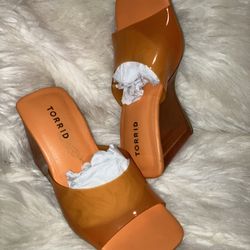 Torrid Sandal Women's Orange Lucite Clear Heels Wedge Mule Slide