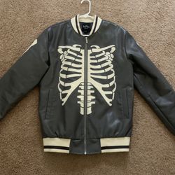 Men’s Grey Leather skeleton Bomber jacket |Adult small