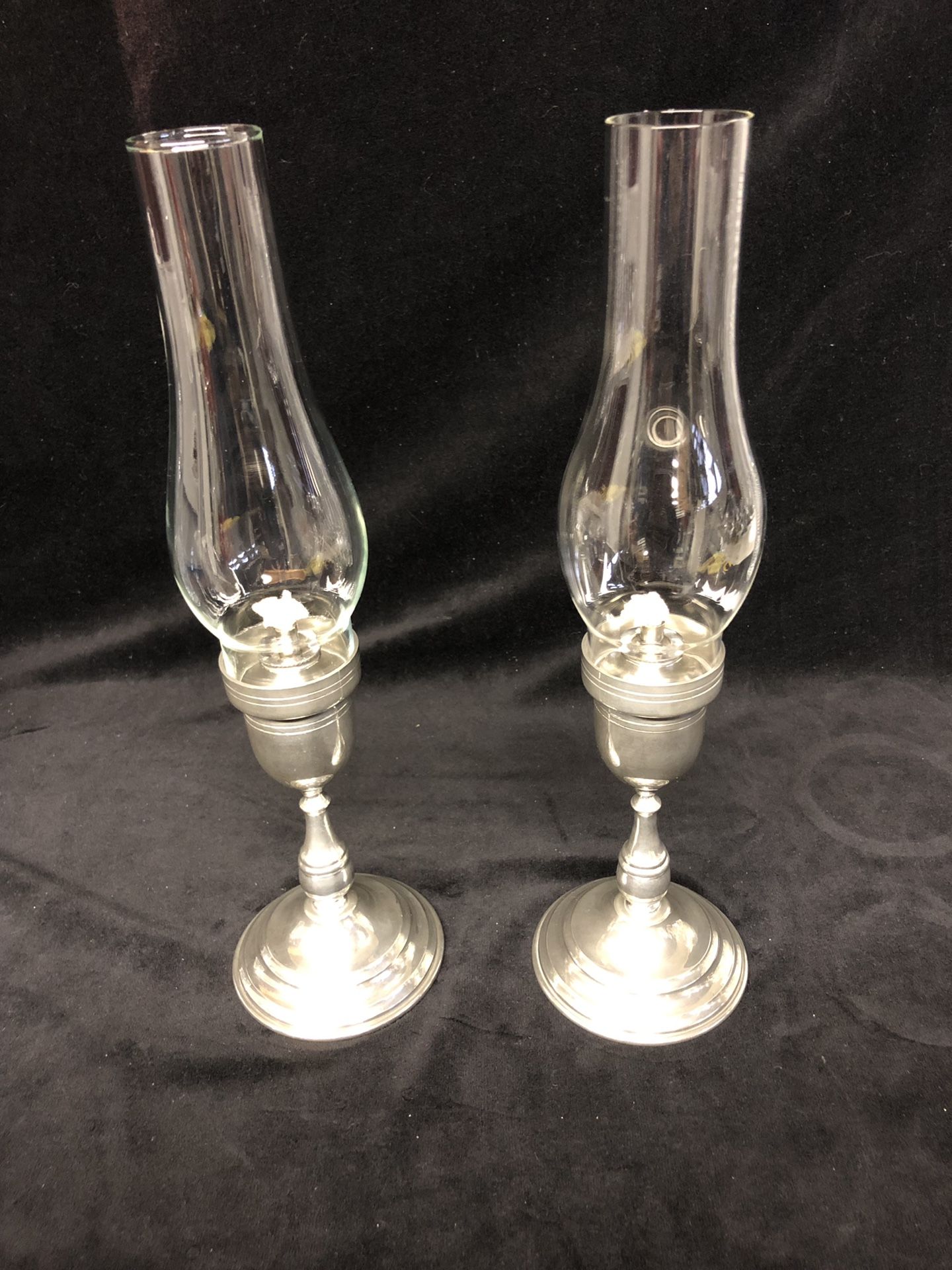 Vintage Shirley pewter oil lamps