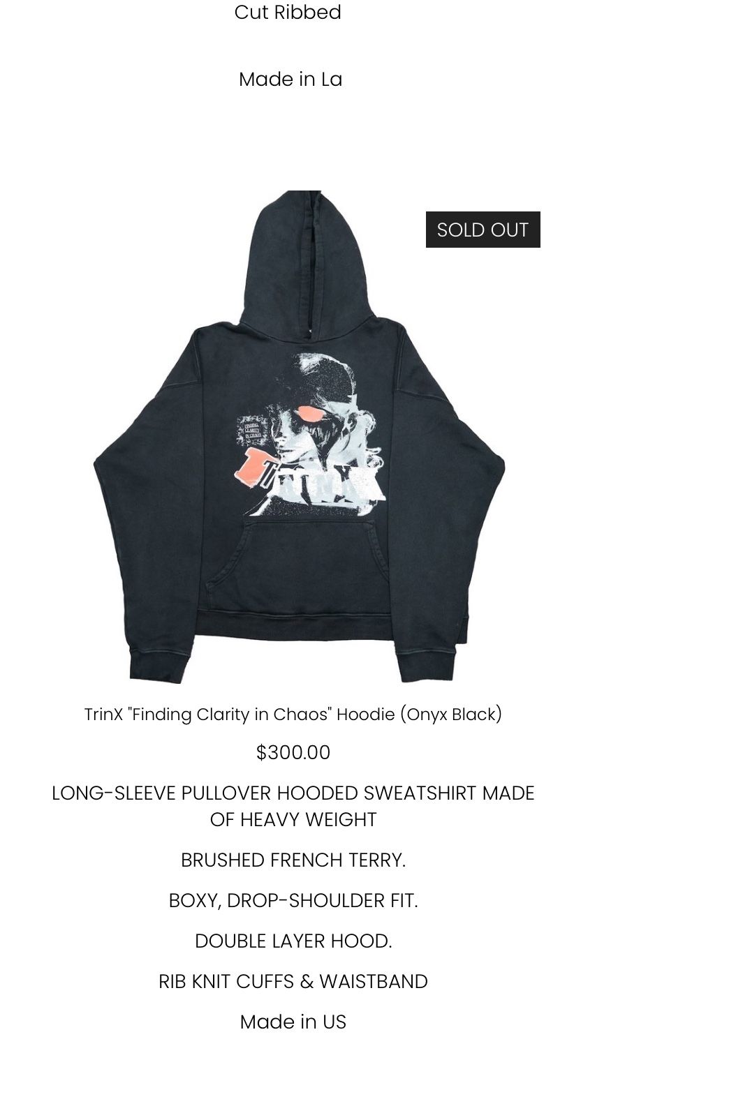 TrinX Hoodie Finding Clarity in Chaos Onyx Black Size 2XL Retail $300 Made In US