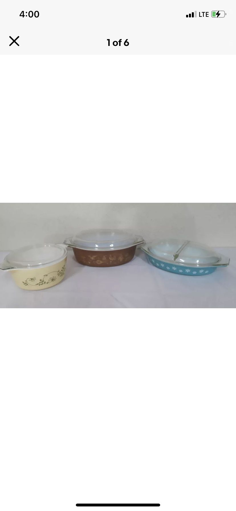three vintage Glasbake oval casseroles, glass lid, brown, blue and yellow Pyrex
