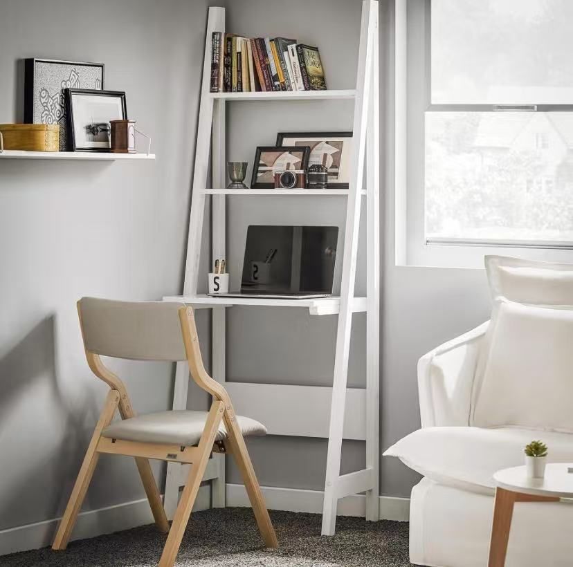 Haotian Ladder Desk with Shelves, Wall Desk for Small Space, Secretary Desk Workstation Dresser Shelf Freestanding Bookshelf, White