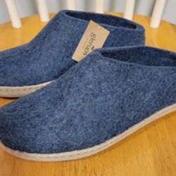 Glerups Women's Wool Slip On Denim Blue Leather Sole Slippers Sz 37 / 6.5-7 NEW 