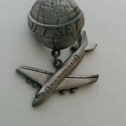 Rare Vintage Pewter Jet Airplane &Globe Lapel Pin Jet and Earth Design