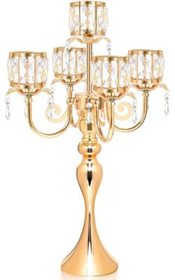 Gold 5 Arm Pendant Square Crystal Table Decor 22 inch Candle Holder, Classic and Elegant Table Centerpiece Atmosphere Candle Holders for Gift Wedding 