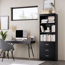 71" Tall Bookcases with 3 Large Drawers & 3 Shelves, Wooden Bookshelf for Living Room Office, Black