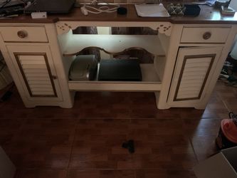 Vintage Cream & Wood Desk / Vanity with Storage Cabinets