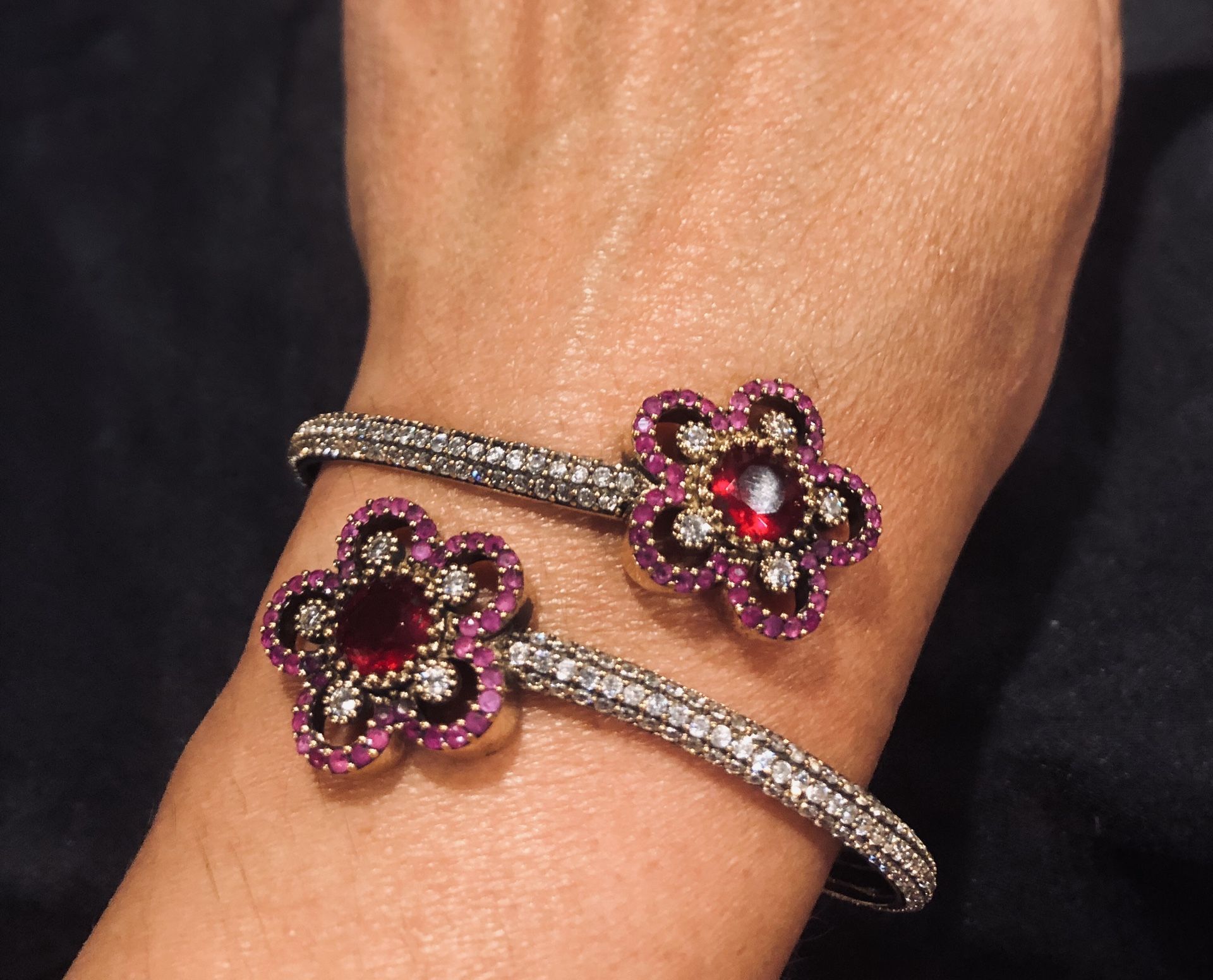 Flowers Ruby Topaz Sterling Silver .925 & Bronze Bangle Bracelet (No Clasp)