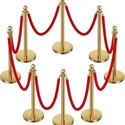8pcs Sturdy Gold Stanchion Posts and 8pcs High Quality Red Carpet Velvet Ropes, Water/Sand/Concrete Fillable Leakproof Base, Crowd Control Barriers fo