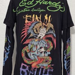 Vintage Ed Hardy By Christian Audigier SKULL Tattoo Art Sequins Jewel Shirt