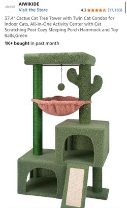 37 .4" Cactus Cat Tree Tower with Twin Cat Condos for Indoor Cats, All-in-One Activity Center with Cat Scratching Post Cozy Sleeping Perch Hammock and