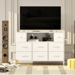 DRESSER - 8 Fabric Drawers Dresser for Bedroom with Power Outlets and LED Lights - Living Room, Entryway