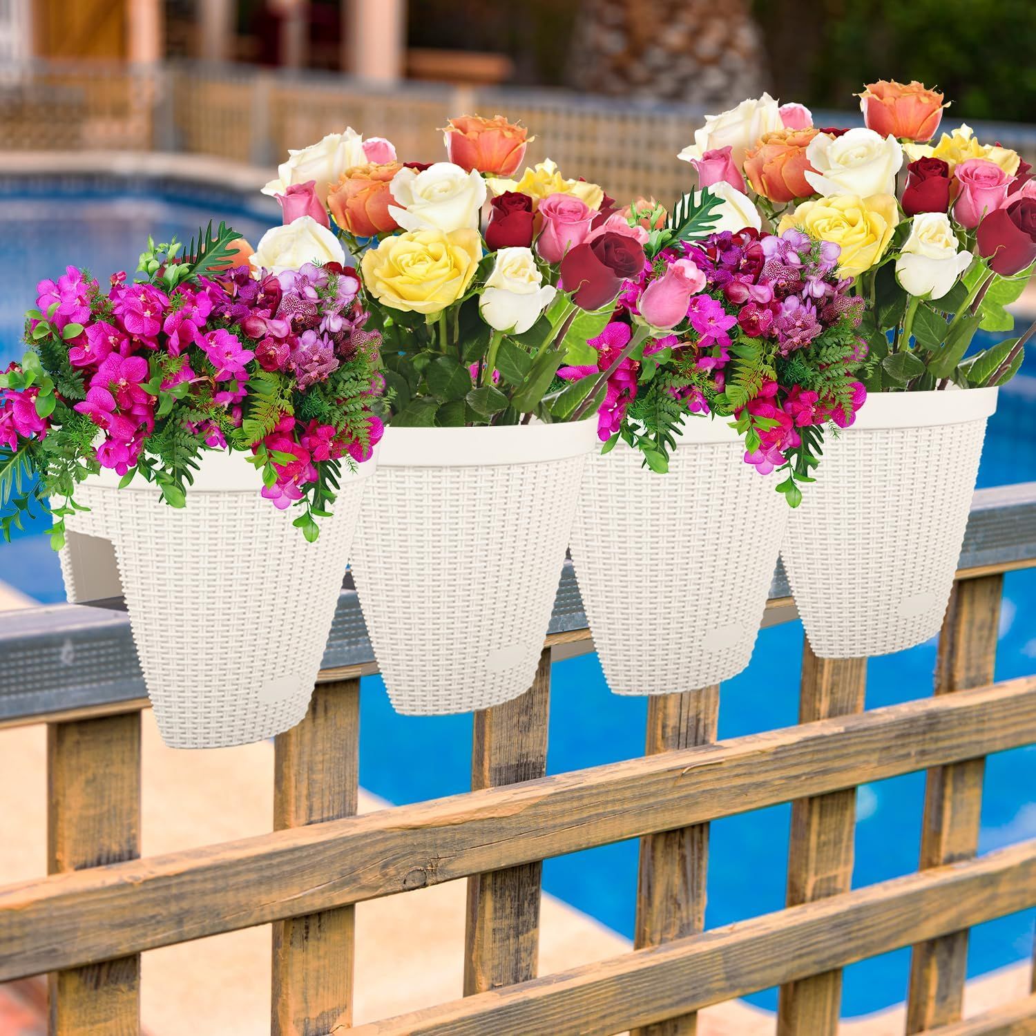 12'' Balcony Rattan Pattern Railing Planter Box with Drainage Holes and Adjustable Brackets for Outdoor Garden Patio, Deck, Fence - Set of 4 - White