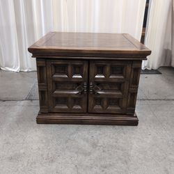 Vintage Carved Wood End Table with Cabinet Doors
