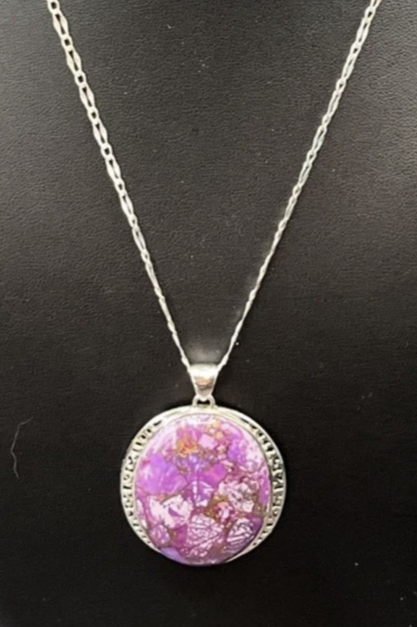 Huge Purple Copper Turquoise Pendant 925 Sterling Silver 18" Chain
