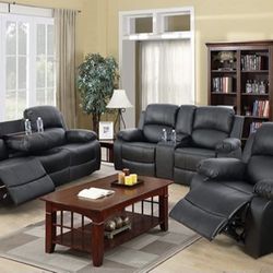Black Leather Three Piece Fully Reclining Couch Set 