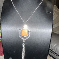 BRAND NEW - Costume Jewelry -  Orange/Silver Necklace  - Long Length