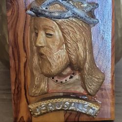 Hand Painted Plaster Jesus Christ Head Wall Plaque W/ Crown Of Thorns Jerusalem