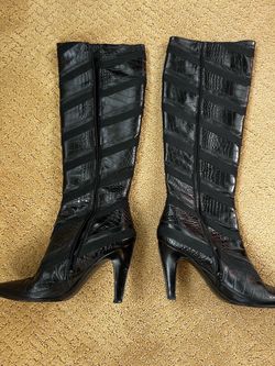 Salvatore Ferragamo Black Leather Croc Print Knee High Zip Stiletto Boots 7B