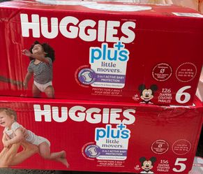 Huggies Little Movers Plus diapers sizes 5 and 6,
