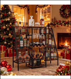 Brandnew 6-Tier (Safe Height for Kids & Pets) Freestanding Wine Rack with Glass Holders & Fences, Large Bar Cabinet for Home, Liquor Stand for Wine Bo