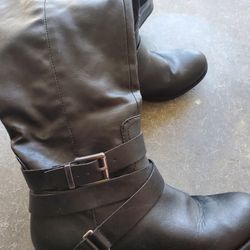 Black Pu Leather Mid Calf Boots