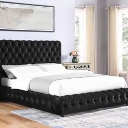 🥊 Queen Bed Frame, Black Velvet Tufted, (No Including Mattress ), New in the Box.