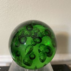 Unique Vintage Art Glass Bullicante Controlled Bubble Emerald Green Paperweight Round 2.5”