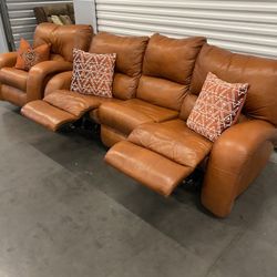Beautiful Elegant Upscale Burnt Orange Italian Leather Double Recliner Sofa With Matching Swivel Rocker Recliner Chair
