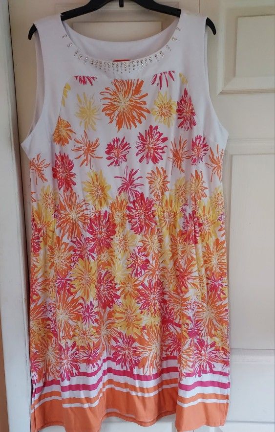 Hearts of Palm Woman 3X Sundress White Orange Pink Bling Collar