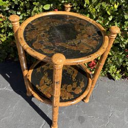 GORGEOUS TABLE With Lower Shelf. Wood Side, End Or Accent Table. Can Also Be Nightstand! Black & Gold Cornucopia Asian Bamboo Motif. 
