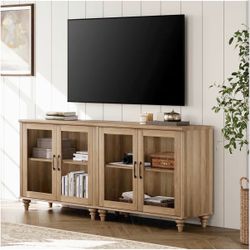 Farmhouse Style Light Wood Glass Door Sideboard Buffet TV Stand Cabinet