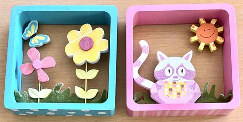 Set of Children'ts Cute 3D Wall Art Shadow Boxes - Flower/Butterfly & Raccoon Set of 2"