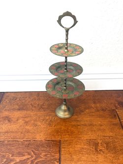 Brass 3-Tier Enameled Floral Serving Stand