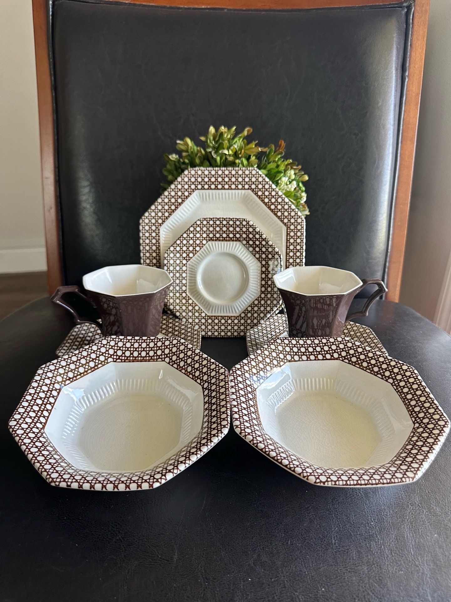 IronStone "Cane Brown" Octagon Shape by INDEPENDENCE Variety 8pc Dish Set Japan 1(contact info removed)yr. RARE