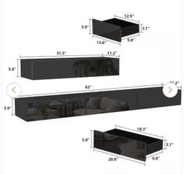 Modern Wood Black Wall Mounted Floating TV Stand Media Console with High Gloss Drawers & Lights, Fits TV's up to 80 in.