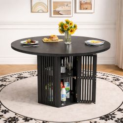 47 Inch Round Dining Table for 4, Circle Kitchen Table with Storage Shelf for Living Room, Walnut