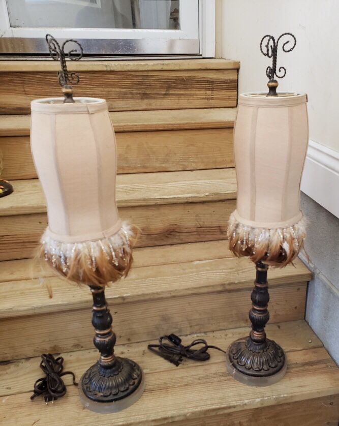 Pair of Table Lamps with Shades Trimmed in Feathers and Beads