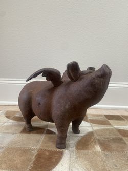 Cast Iron Whimsical Flying Pig Angel Decorative Statue Heirloom Vintage Rustic