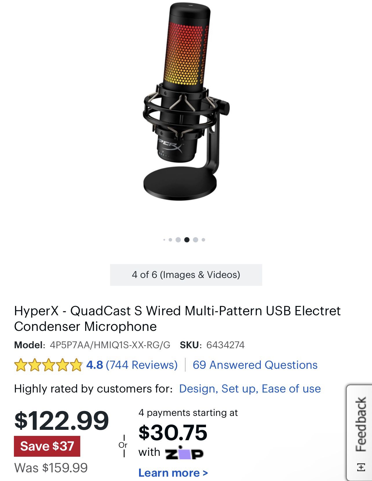 HyperX QuadCast S Wired Multi-Pattern USB Electret Condenser