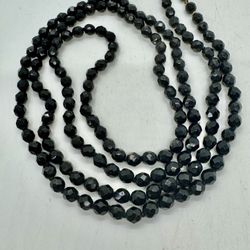 Antique Victorian French Jet Black Faceted Glass Necklace Flapper 48” Long.  